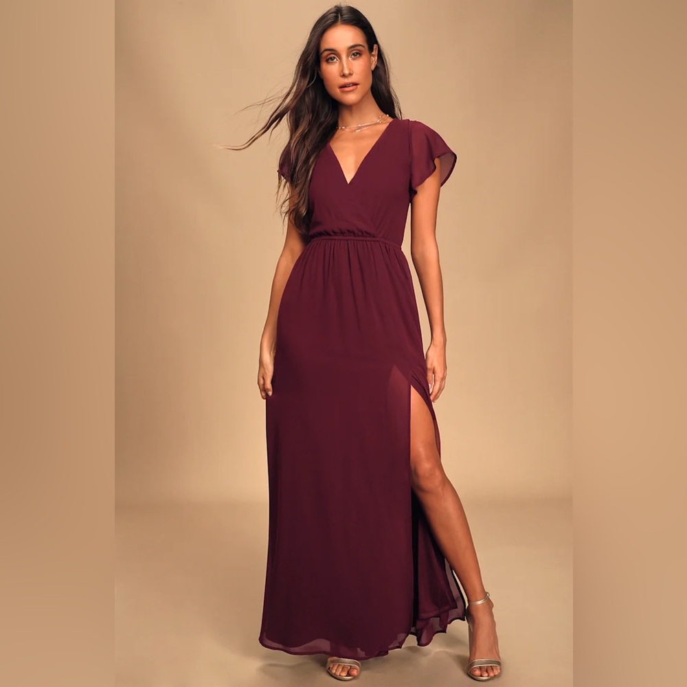 Deep Wine V-Neck Maxi Dress with Side Slit